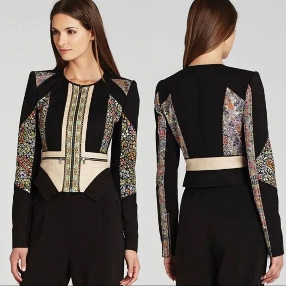 BCBGMaxazria Neil Jacket‎ S Floral Zip Moto Boho Folk Gypsy Romantic Festival
